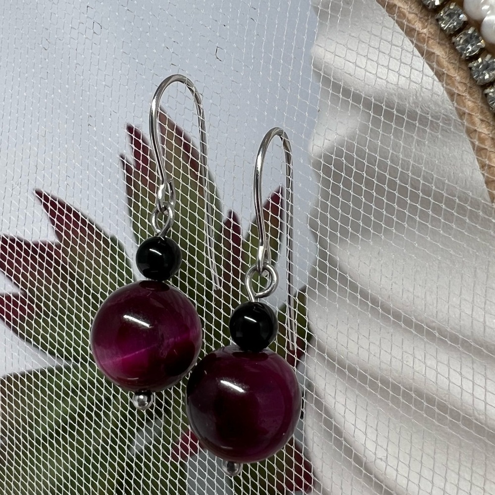 RASPBERRY Wine Tiger Eye Beaded Earrings - Picture 3 of 9